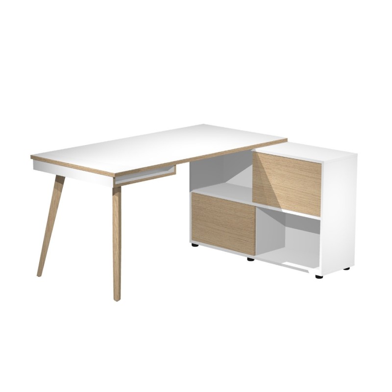 Pack Bureau droit Halden L.130 x P.120. Plateau Droit Blanc Pieds bois Chêne + Meuble de rangement 4 cases Blanc/Chêne L.120 x P. 35 cm