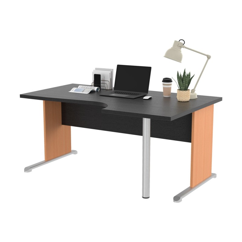 Bureau d'angle compact retour à droite Pronto Bois - L.160 x P.100 cm - Plateau Noir - Pieds L Hêtre