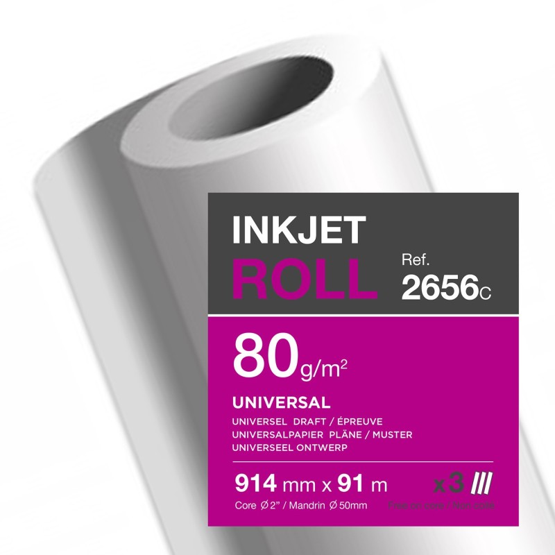 Clairefontaine Rouleau de papier blanc non couché 2656C pour traceur jet d'encre - Format 0,914 x 91m - 80g - Lot de 3