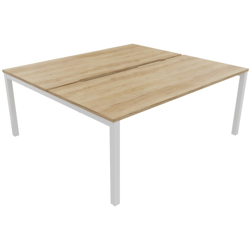 Bureau droit partagé 2 postes Burocolor échancré - Départ - L.180 x P.163 cm - Plateau Chêne Nebraska - Pieds Blanc