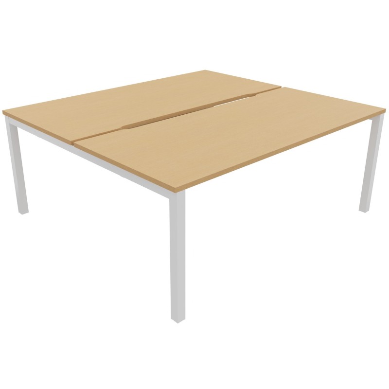 Bureau droit partagé 2 postes Burocolor échancré - Départ - L.180 x P.163 cm - Plateau Hêtre - Pieds Blanc