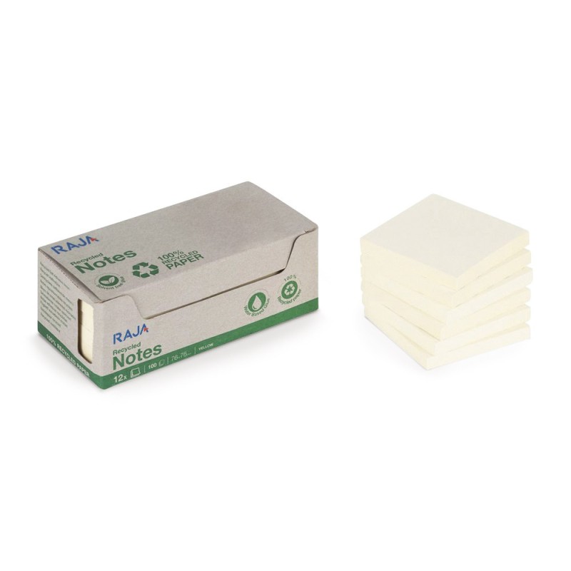 RAJA Notes repositionnables 100% recyclées 76 x 76 mm - Jaune Pastel - Lot 12 blocs de 100 feuilles