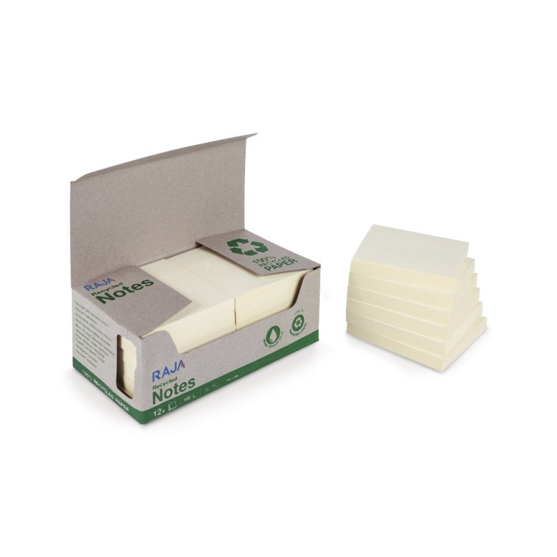 RAJA Notes repositionnables 100% recyclées 38 x 51 mm - Jaune Pastel - Lot 12 blocs de 100 feuilles