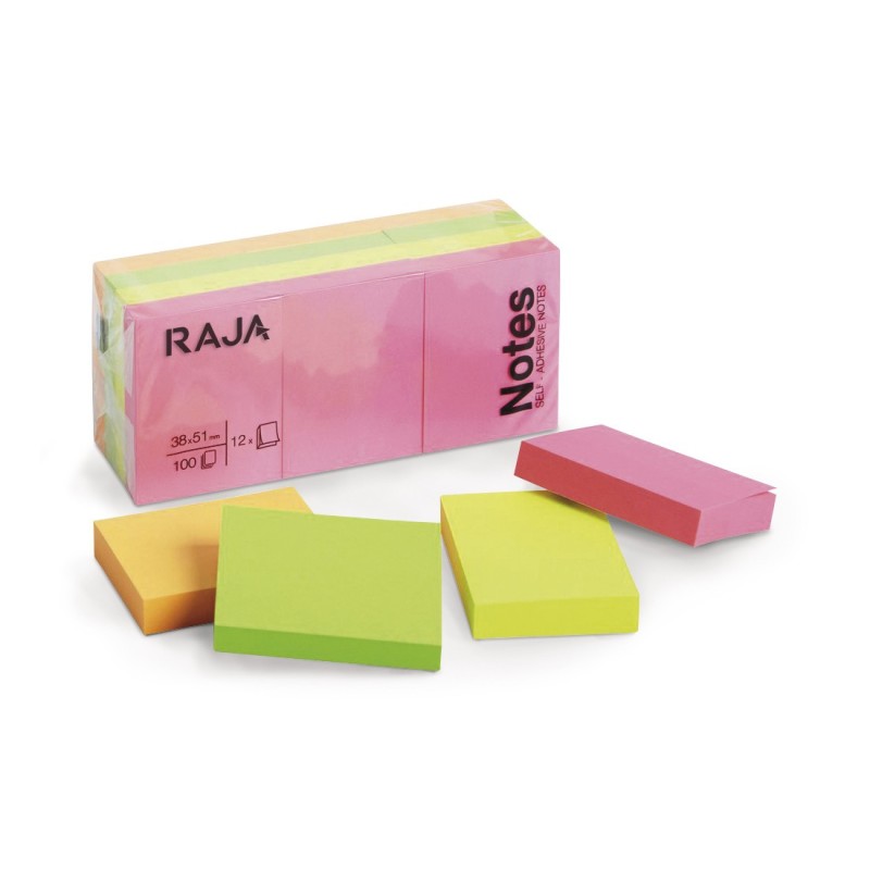 RAJA Notes repositionnables 38 x 51 mm - Assorties Néon - Lot 12 blocs de 100 feuilles