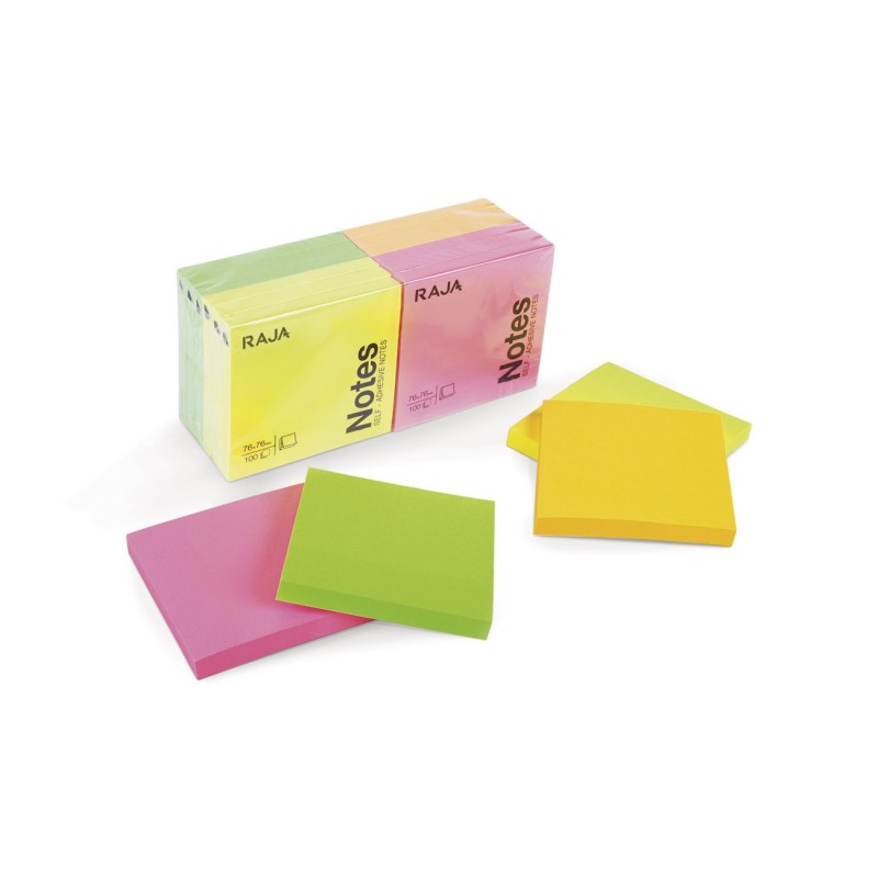 RAJA Notes repositionnables 76 x 76 mm - Assorties Néon - Lot 12 blocs de 100 feuilles