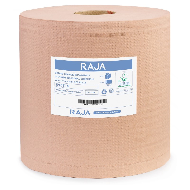 RAJA Essuie-tout papier recyclé double épaisseur - Bobine chamois 1000 feuilles 22 x 30 cm - 510715 - Lot de 2