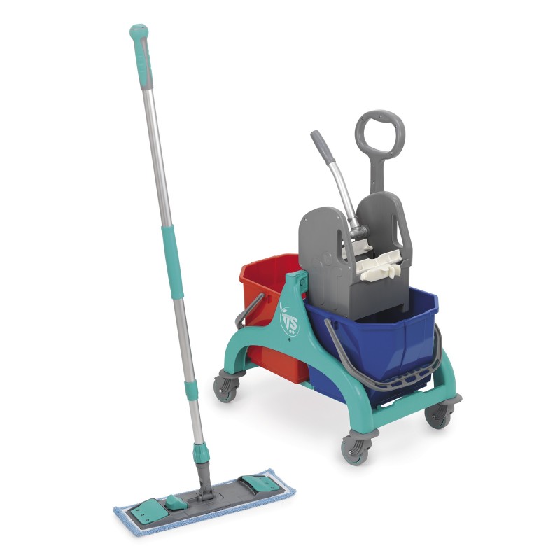 TTS Chariot de lavage à plat complet avec presse - x2 seaux 15 litres - Gris/ Bleu