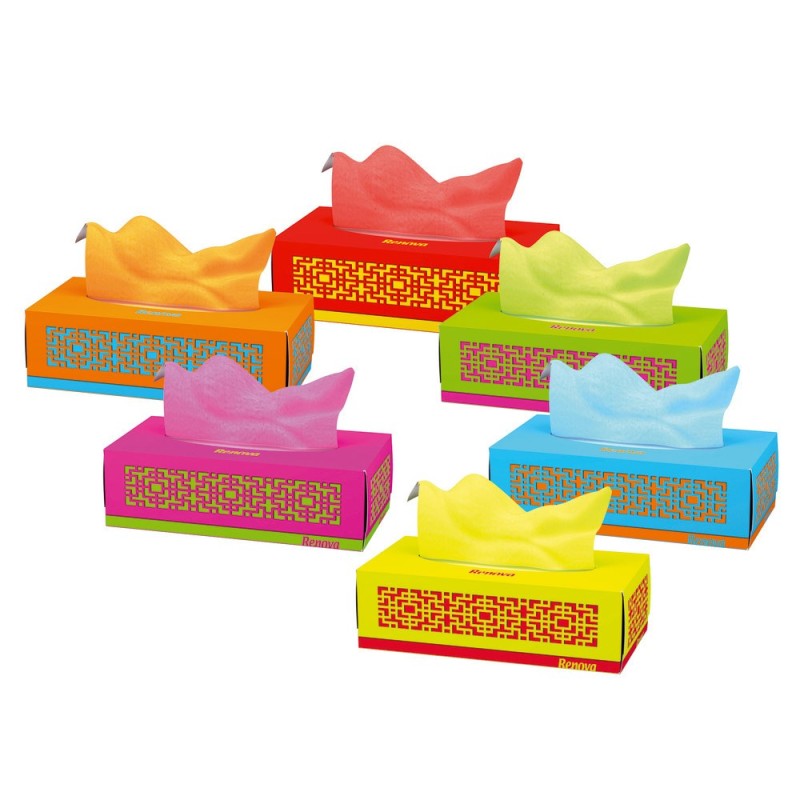 Renova Mouchoirs en papier Red Label boîte de 80 coloris bleu, vert, orange et violet - lot de 16