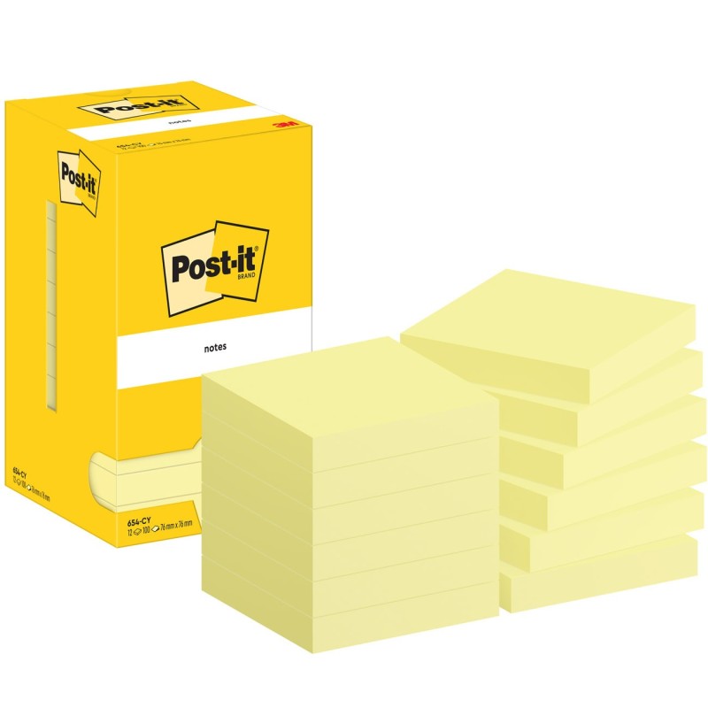 Post-it Notes repositionnables 76 x 76 mm - Jaune - Lot 12 blocs de 100 feuilles