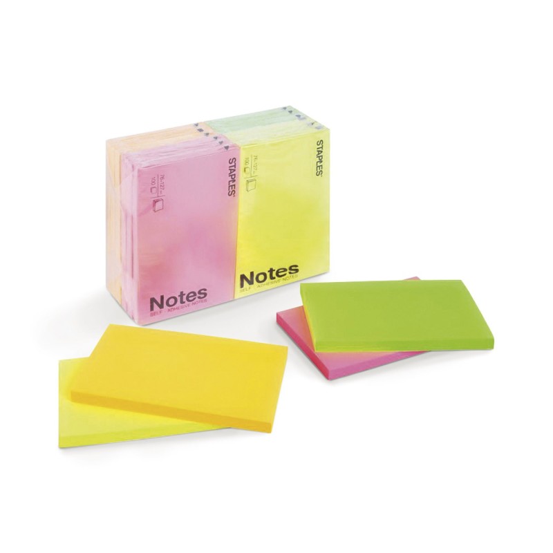RAJA Notes repositionnables 76 x 127 mm - Assorties Néon - Lot 12 blocs de 100 feuilles