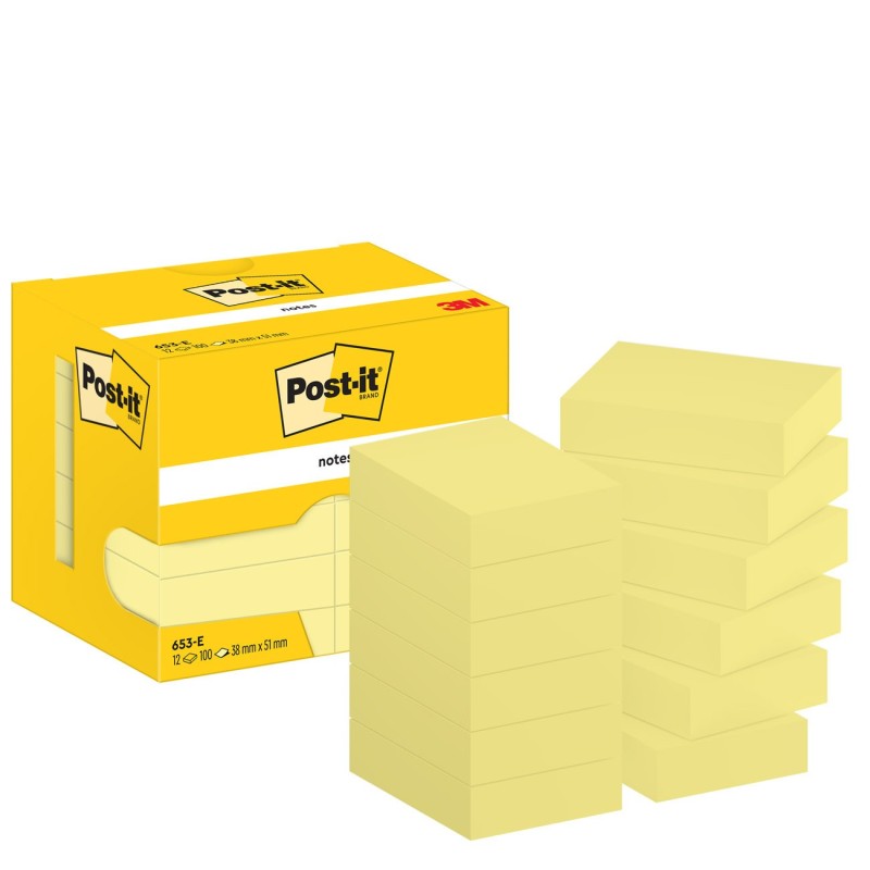 Post-it Notes repositionnables 38 x 51 mm - Jaune - Lot 12 blocs de 100 feuilles