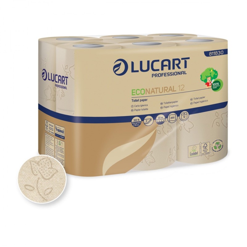 Lucart Papier toilette recyclé Econatural double épaisseur - Rouleau de 200 feuilles - Couleur naturelle - Carton de 96 rouleaux