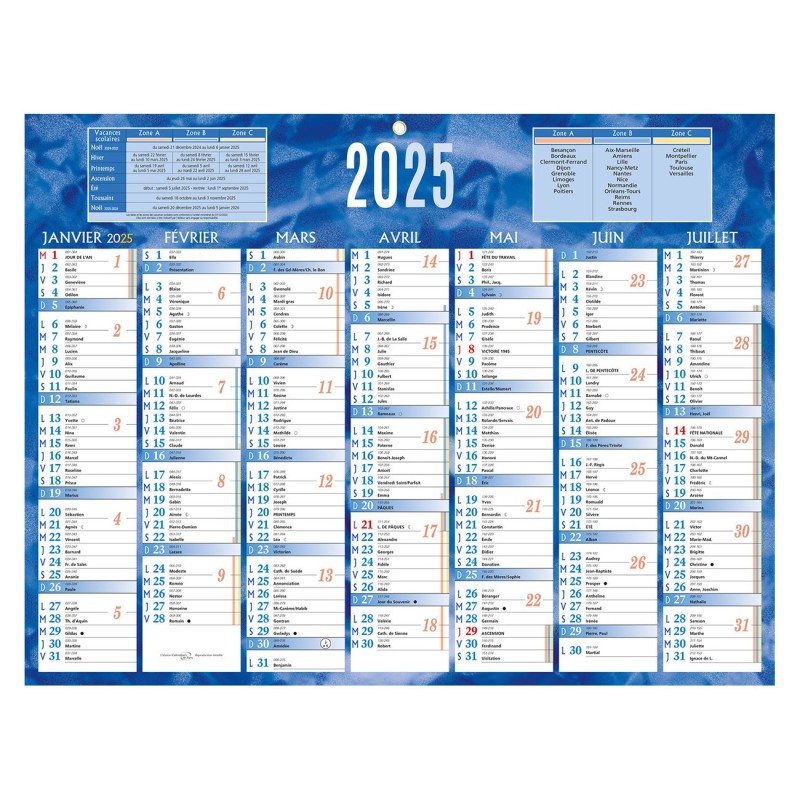 Bouchut Calendrier mural annuel (7 mois / face) - Bleu - 32 x 42 cm - 2025