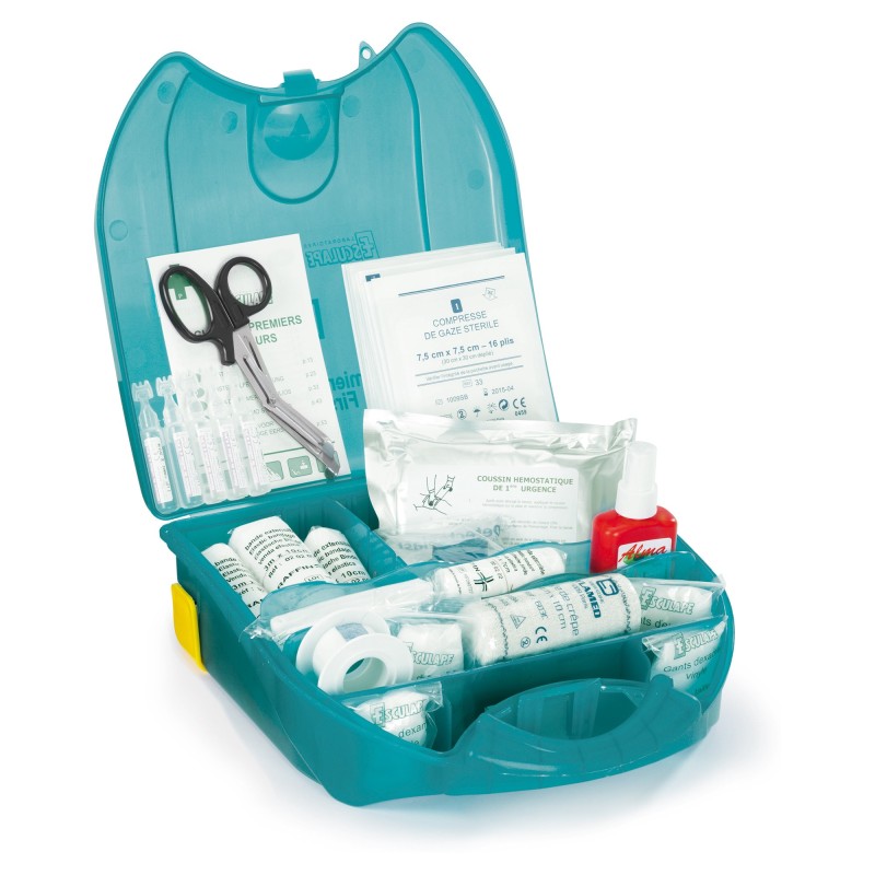 Trousse de secours avec support mural- Conforme à la médecine du travail - Bleu