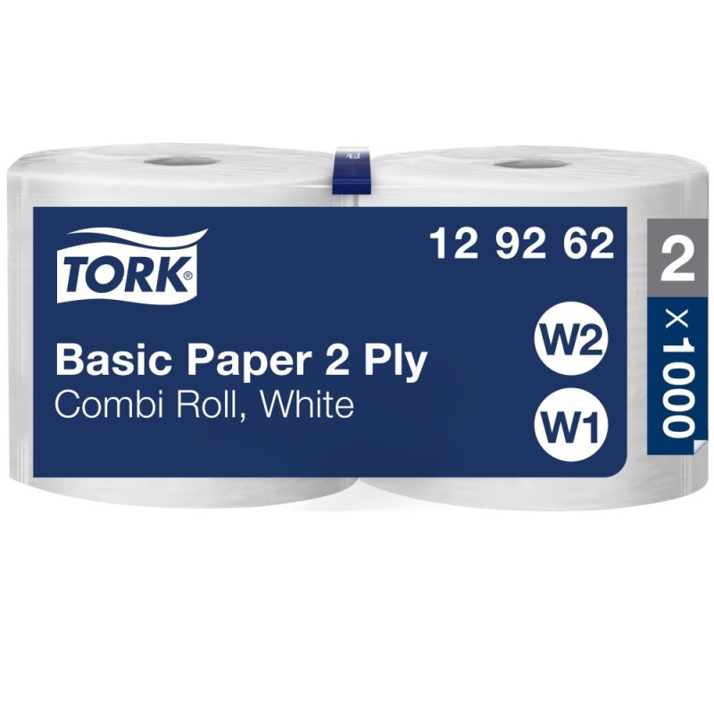 Tork Papier d'essuyage double épaisseur multi-usages W1/2 blanc - Lot de 2 bobines de 340 m - 129262