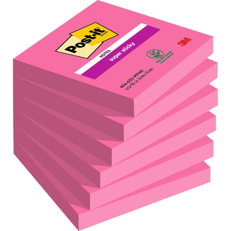 Post-it Notes repositionnables Super Sticky 76 x 76 mm - Fuchsia - Lot 6 blocs de 90 feuilles