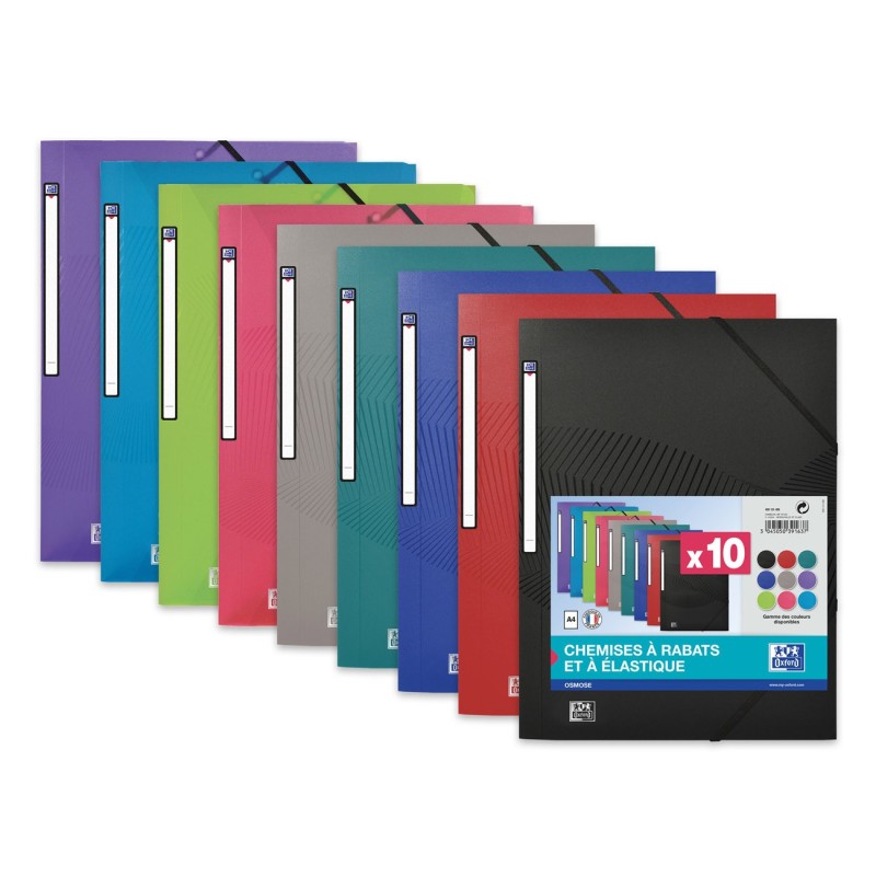 Oxford Chemises 3 rabats Osmose A4 élastique couverture PP couleurs assorties - Lot de 10