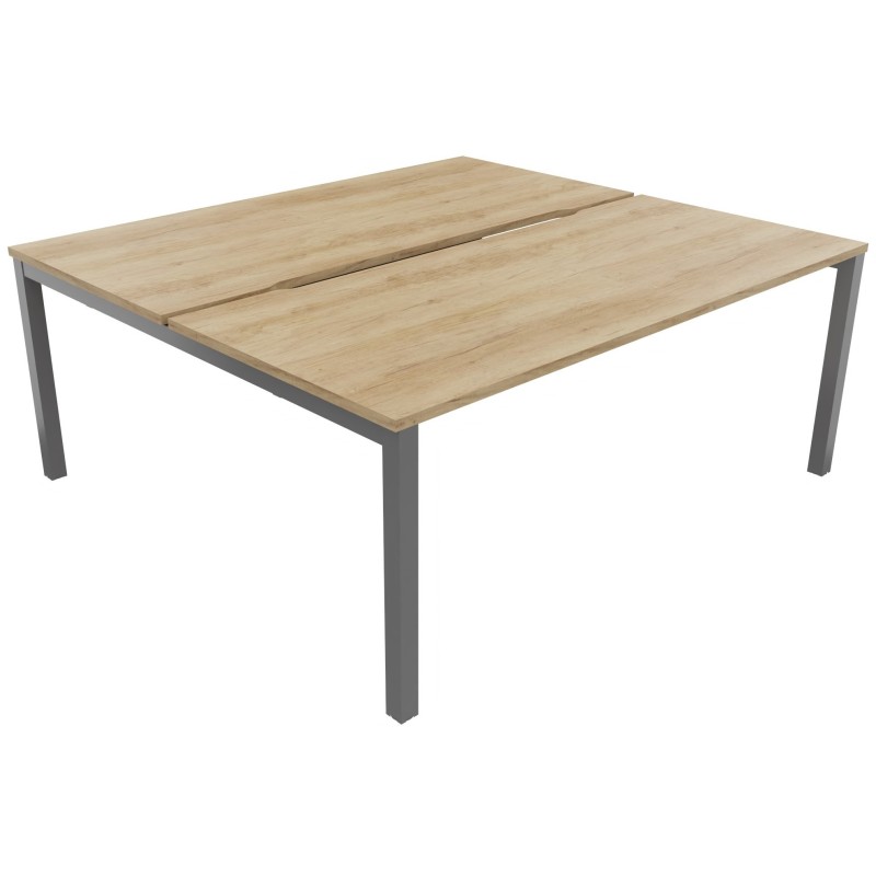 Bureau droit partagé 2 postes Burocolor échancré - Départ - L.180 x P.163 cm - Plateau Chêne Nebraska - Pieds Aluminium