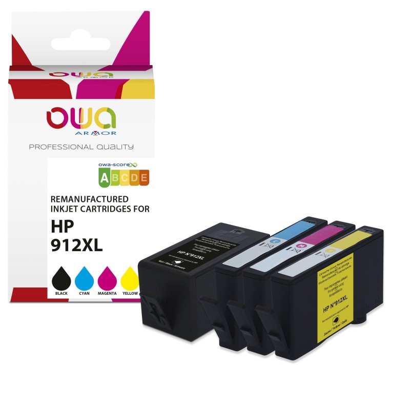 OWA Cartouche d'encre compatible HP 912XL - K10541OW - Pack de 4 (Noir, Cyan, Magenta, Jaune)