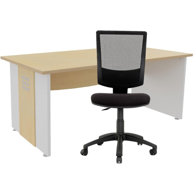 Pack bureau droit Axiome L.140 cm Plateau Hêtre Pieds panneaux Blanc + Siège Jenny maille/tissu Noir
