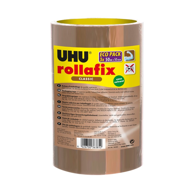 UHU Rollafix Ruban adhésif d'emballage en polypropylène silencieux 46 microns 50 mm x 50 m - Havane  - lot de 3