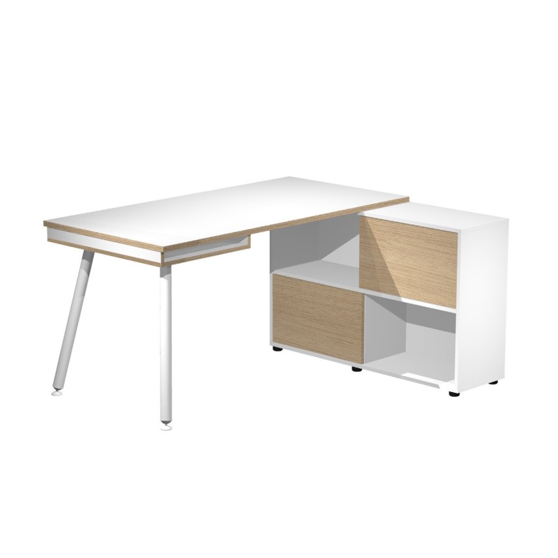 Pack Bureau droit Halden L.130 x P.120. Plateau Droit Blanc Pieds métal Blanc + Meuble de rangement 4 cases Blanc/Chêne L.120 x P.35 cm