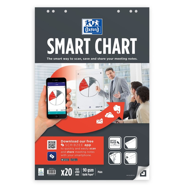 Oxford SmartChart Bloc pour tableau de conférence, 6 trous, 650 x 980 mm, blanc uni, 20 feuilles - Lot de 3