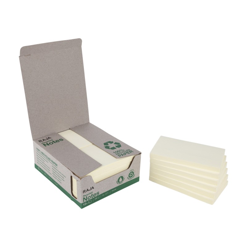 RAJA Notes repositionnables 100% recyclées 76 x 127 mm - Jaune Pastel - Lot 12 blocs de 100 feuilles