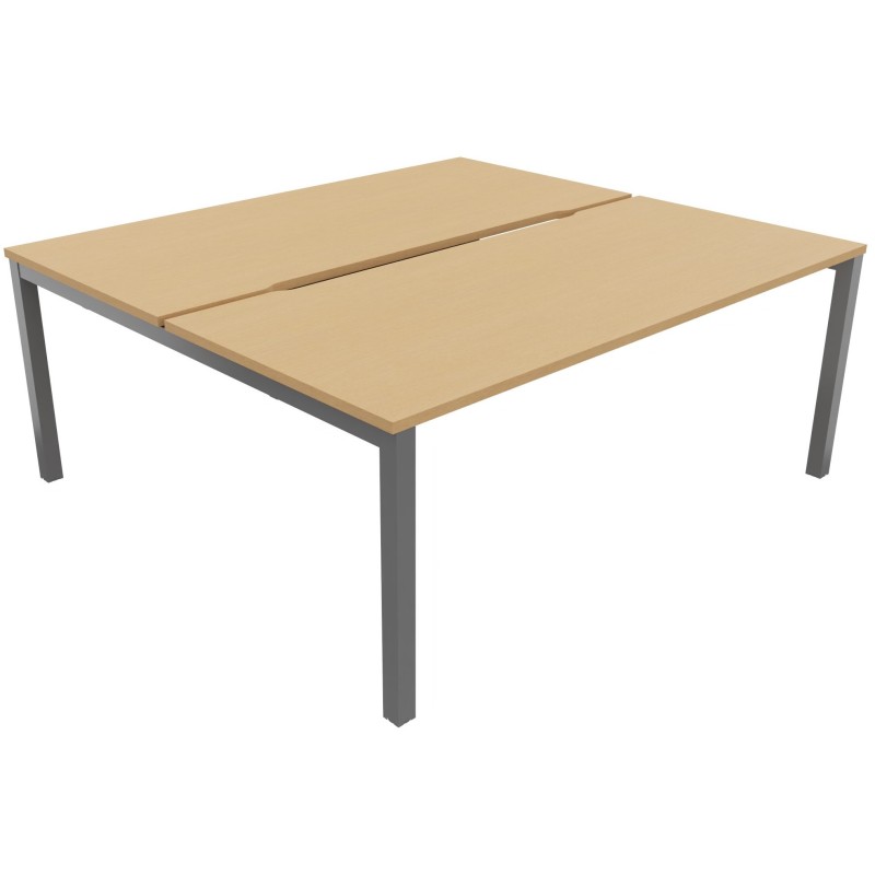 Bureau droit partagé 2 postes Burocolor échancré - Départ - L.180 x P.163 cm - Plateau Hêtre - Pieds Aluminium