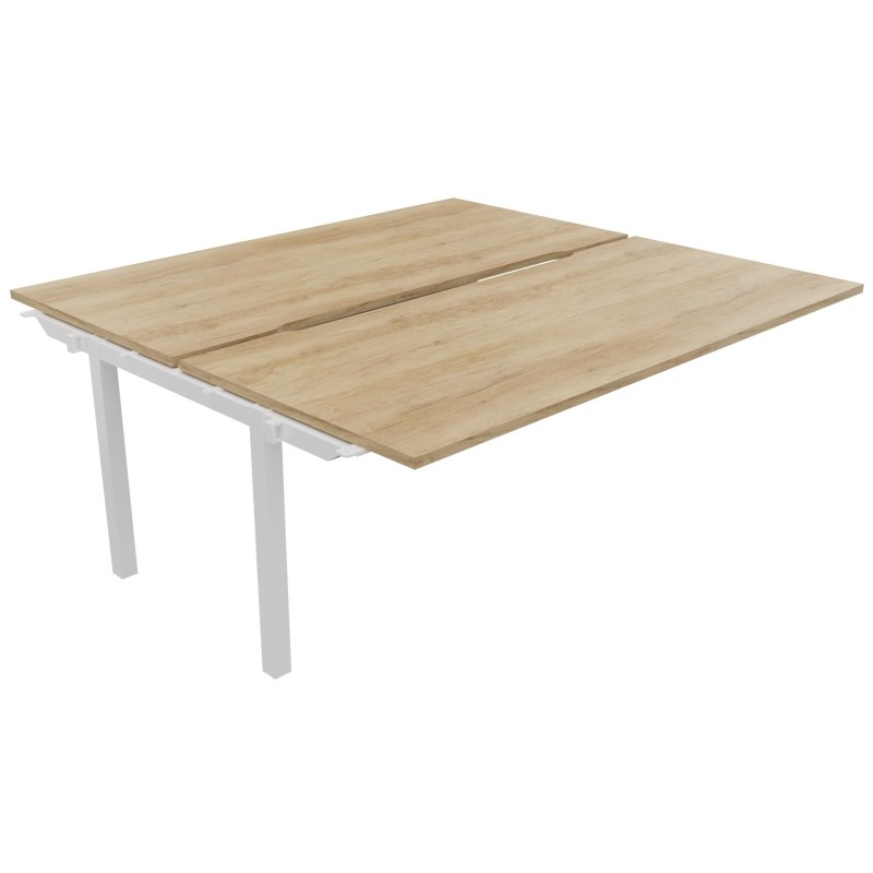 Bureau droit partagé 2 postes Burocolor échancré - Suivant - L.180 x P.163 cm - Plateau Chêne Nebraska - Pieds Blanc