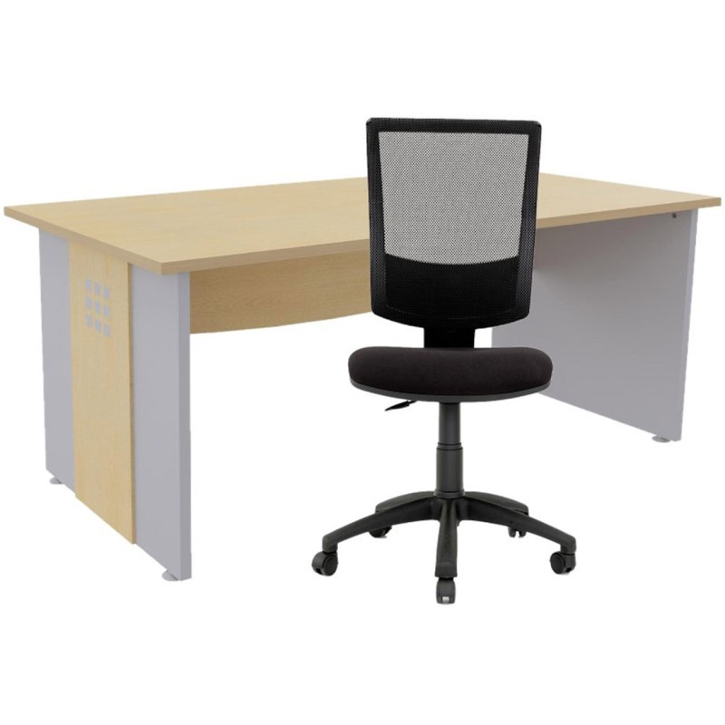 Pack bureau droit Axiome L.140 cm Plateau Hêtre Pieds panneaux Aluminium + Siège Jenny maille/tissu Noir