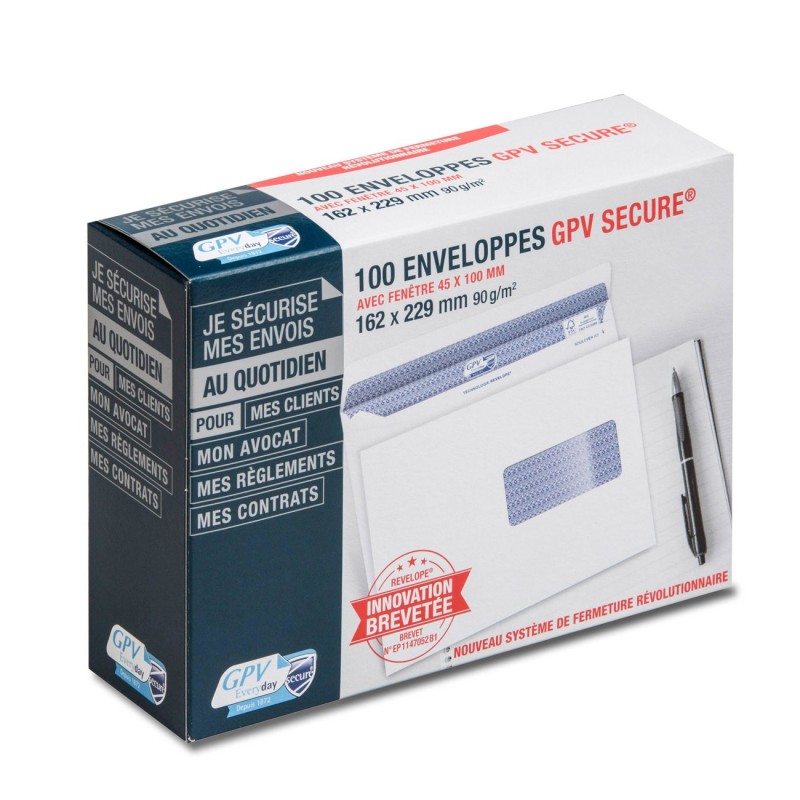 GPV Enveloppe blanche C5 162 x 229 mm 90g fenêtre 45 x 100 mm - Secure autocollant sans bande - Lot de 100