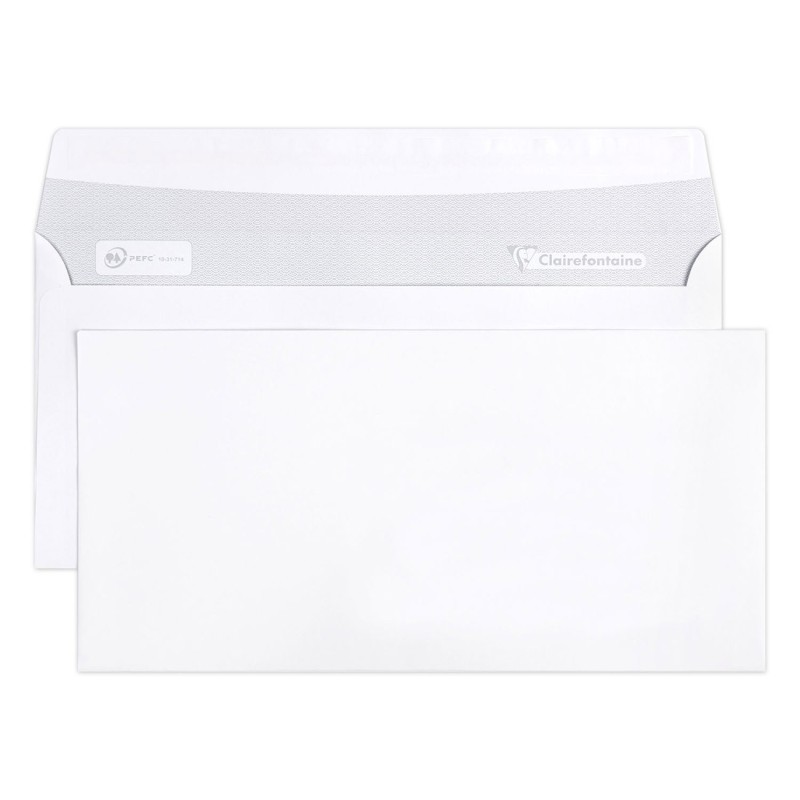 Clairefontaine Enveloppe blanche DL 110 x 220 mm 80g sans fenêtre - autocollante bande protectrice - Lot de 50
