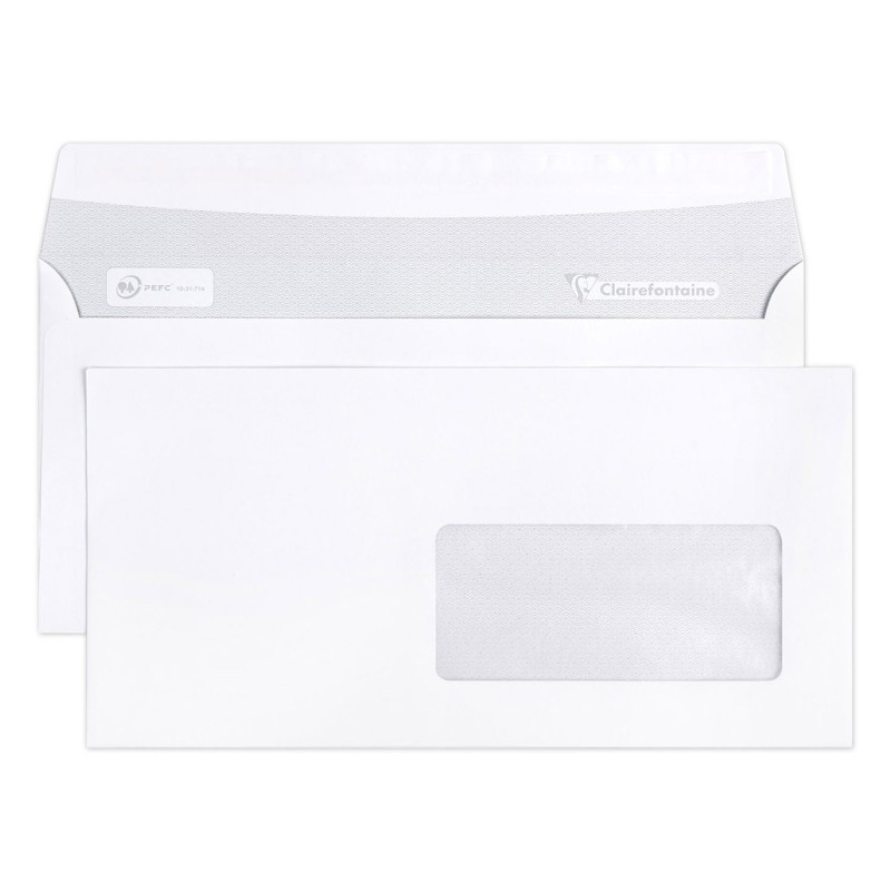 Clairefontaine Enveloppe blanche DL 110 x 220 mm 80g fenêtre 45 x 100 mm - autocollante bande protectrice - Lot de 50