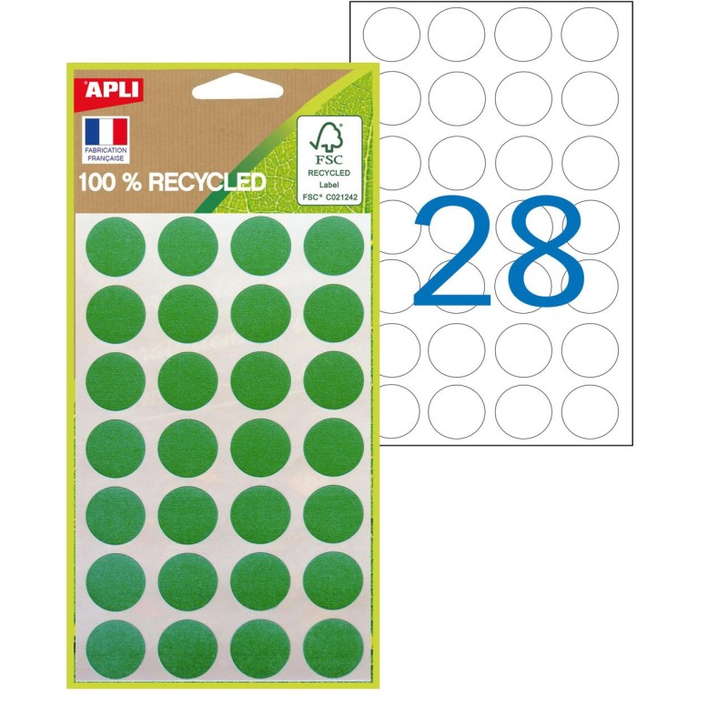 APLI Pastilles adhésives recyclées Ø 15 mm - 101782 - Pochette de 168 - Vert