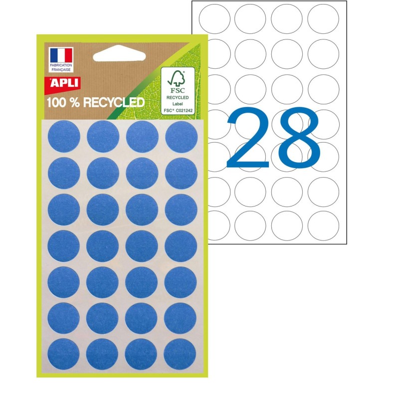 APLI Pastilles adhésives recyclées Ø 15 mm - 101783 - Pochette de 168 - Bleu