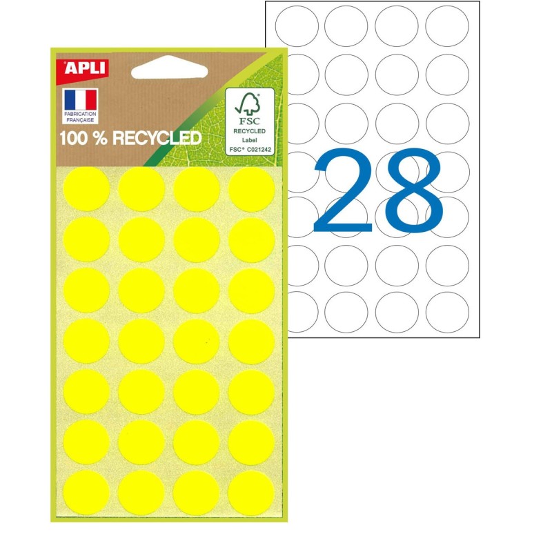 APLI Pastilles adhésives recyclées Ø 15 mm - 101785 - Pochette de 168 - Jaune