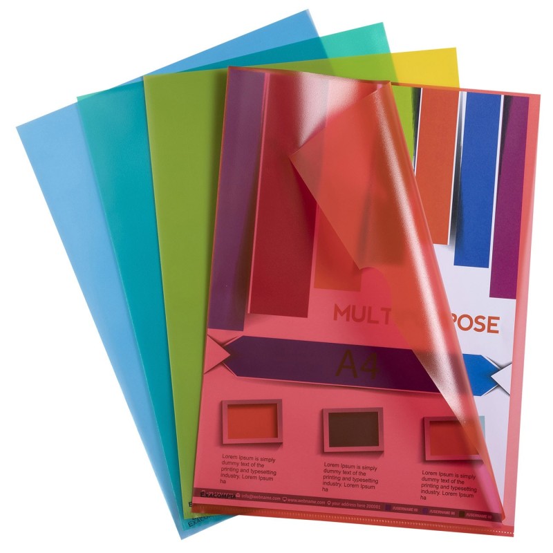 Exacompta Pochette coin A4 polypropylène grainé 12/100e - 4 coloris transparents assortis - lot de 100