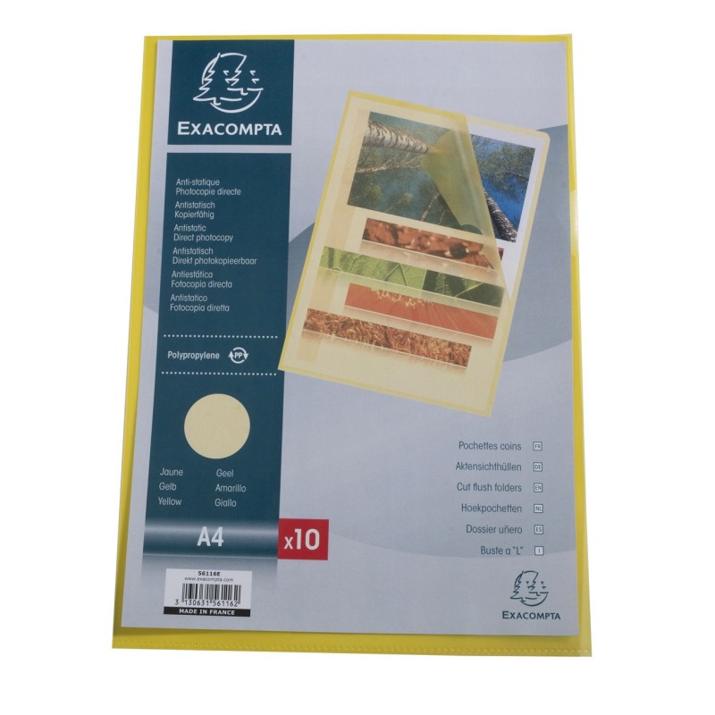 Exacompta Pochettes coin A4 polypropylène grainé 12/100 - Jaune translucide - Boîte de 10
