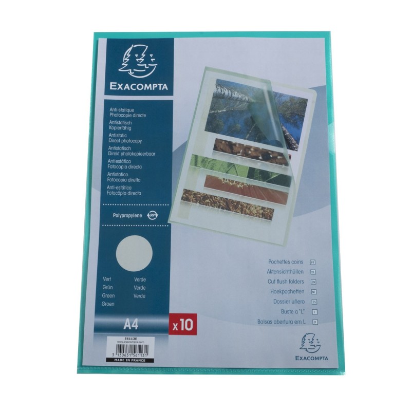 Exacompta Pochettes coin A4 polypropylène grainé 12/100 - Vert translucide - Boîte de 10