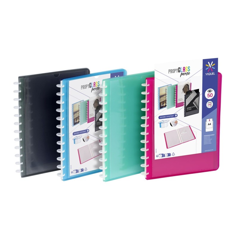 Viquel Porte vues personnalisable Propyglass A4 - Polypropylène lisse 5/10 - 25 pochettes - 50 vues - Assortis