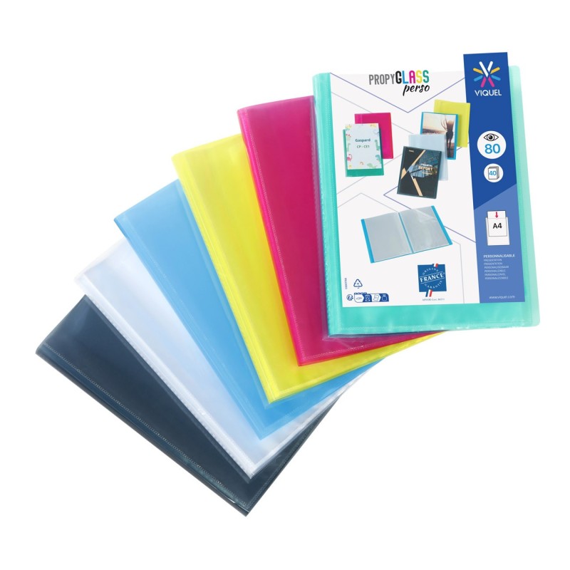 Viquel Porte vues personnalisable Propyglass A4 - Polypropylène lisse 5/10 - 40 pochettes - 80 vues - Assortis
