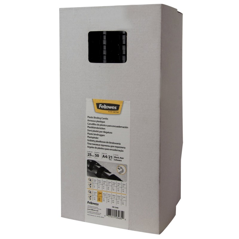 Fellowes Baguette de reliure plastique à anneaux 25 mm Noir - Boîte de 50