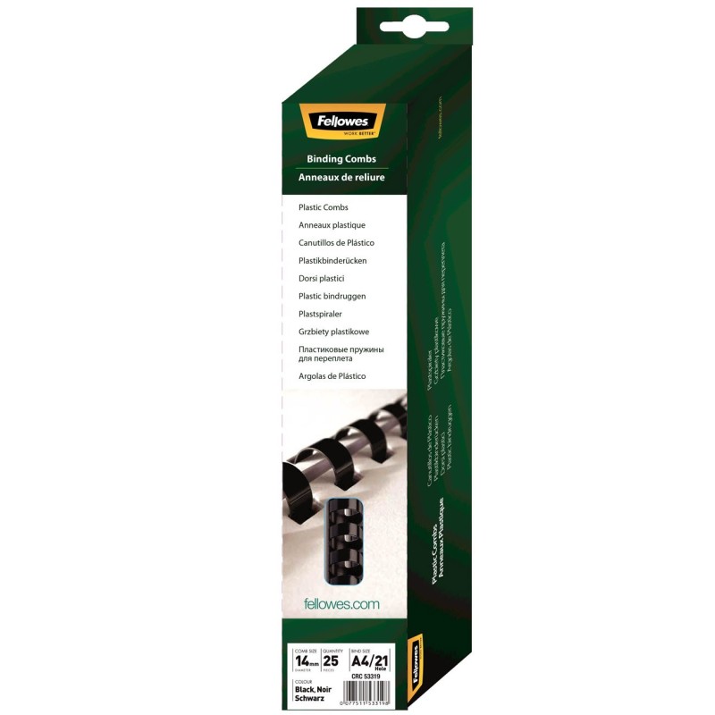 Fellowes Baguettes de reliure anneaux plastique - 14 mm - Noir - Boîte de 25