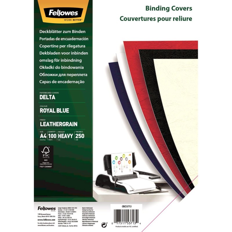 Fellowes Couvertures de reliure A4 carton grain cuir 250g - Bleu Royal - boîte de 100