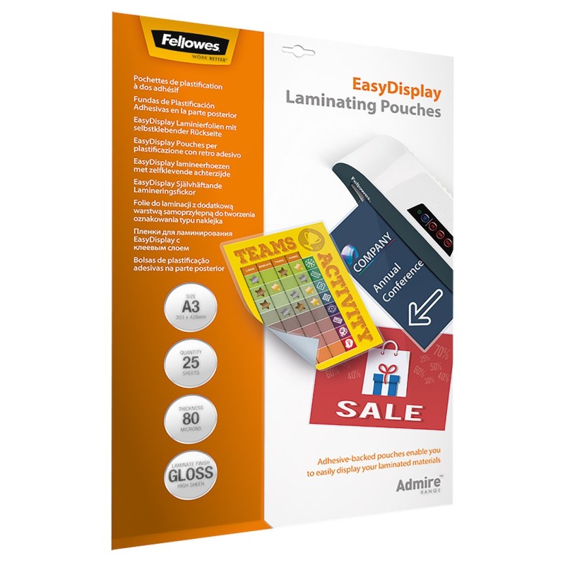 Fellowes Pochettes de plastification Admire A3 dos adhésif - Epaisseur : 80 microns par face - paquet de 25
