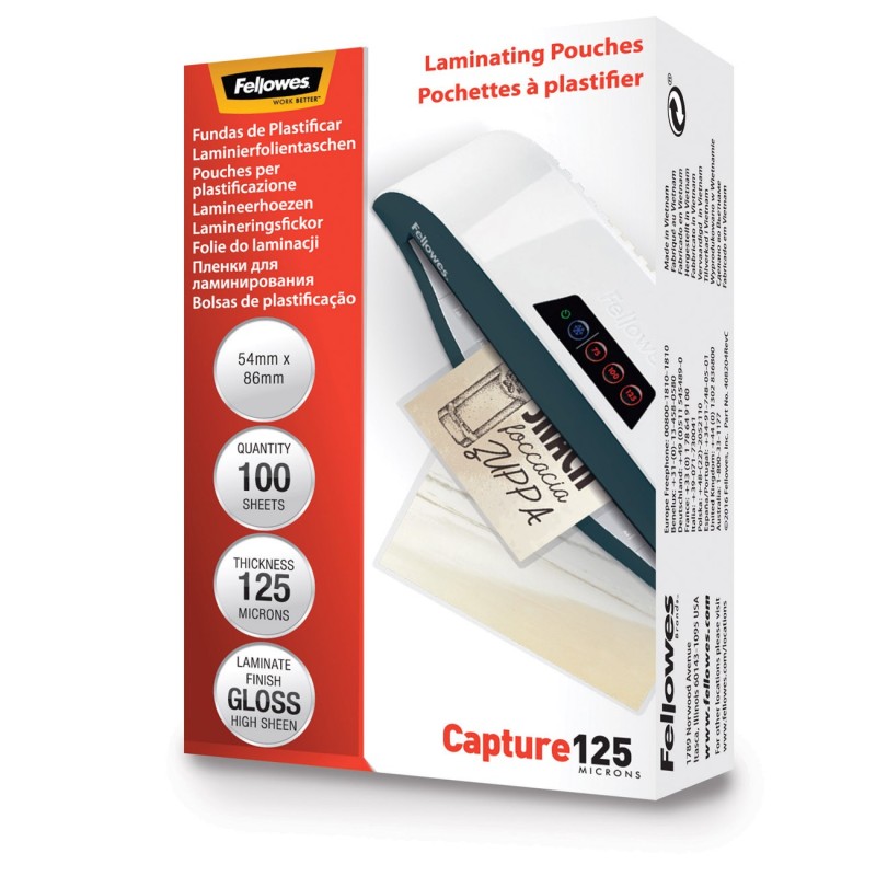 Fellowes Pochettes de plastification ImageLast format cartes 54x86mm - Epaisseur : 125 microns par face - Boîte de 100