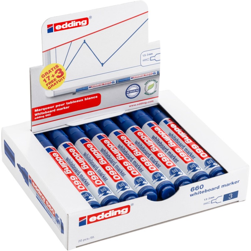 Edding 660 Marqueur effaçable tableau blanc pointe ogive 1,5 - 3 mm - Bleu - lot de 17 + 3 offerts