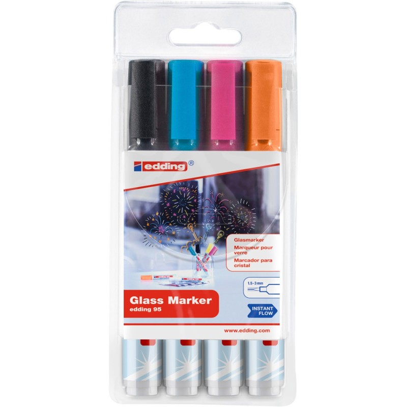 Edding 95 Marqueur pour tableau en verre pointe ogive de 1,5 à 3 mm - Pochette de 4 assortis