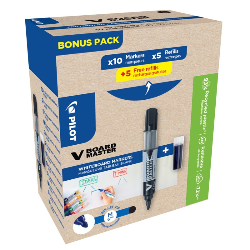 Pilot Begreen Marqueur pour tableaux blancs V Board Master Begreen - pointe 2.3 mm - Noir - Pack de 10 marqueurs + 10 recharges